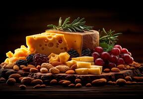 culinary platter featuring various cheeses, nuts, and fruits, beautifully arranged with rosemary and berries, creating delightful and inviting presentation photo
