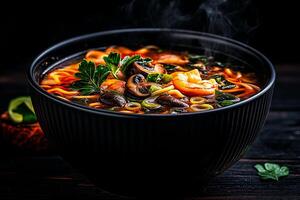steaming bowl of Thai tom yum kung soup with shrimp, mushrooms, and lime, showcasing vibrant colors and fresh herbs, perfect for comforting meal photo