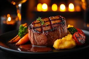 perfectly seared filet mignon served with creamy potato puree, grilled vegetables, and rich sauce, creating warm and inviting dining experience photo
