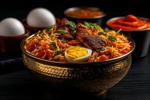 Delicious biryani with chicken, rice, and eggs garnished with herbs, served with spicy sauce. vibrant and flavorful dish perfect for any occasion photo