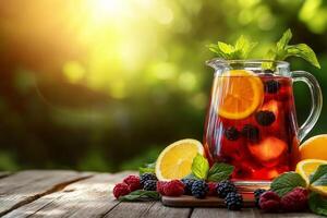 Refreshing summer cocktail with lemon, orange, and berries, garnished with mint, perfect for warm days. Enjoy vibrant colors and flavors in beautiful outdoor setting photo