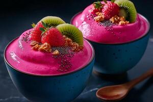 Vibrant smoothie bowls topped with strawberries, kiwi, and granola, showcasing colorful and healthy dessert. Perfect for refreshing treat or breakfast photo
