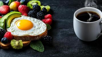 delicious breakfast featuring sunny side up egg on toast, surrounded by fresh fruits like strawberries, blueberries, and kiwi, with steaming cup of coffee photo
