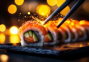 Sushi rolls with salmon, avocado, and cucumber on black plate, beautifully presented with bokeh background. vibrant colors and textures create appetizing scene photo