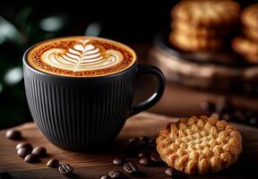 cup of cappuccino coffee with latte art beside cookie on wooden surface, surrounded by coffee beans, creating cozy atmosphere photo