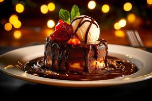 Decadent chocolate lava cake topped with vanilla ice cream, fresh berries, and mint, served on plate with rich chocolate sauce. Perfect for dessert lovers photo