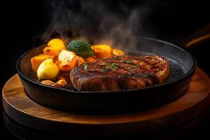 Juicy steak with grilled vegetables in cast iron pan, showcasing delicious meal. steam rising adds to appetizing presentation, perfect for food lovers photo