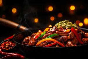 Sizzling chicken fajitas with colorful peppers and guacamole, served in skillet, create warm and inviting atmosphere perfect for sharing photo