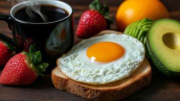 healthy breakfast featuring fried egg on toast, fresh strawberries, avocado, orange, and cup of coffee. This vibrant meal promotes nutritious start to day photo