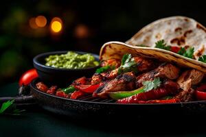 Delicious chicken fajitas with colorful peppers and onions served on hot grill, accompanied by fresh guacamole and warm tortillas, creating vibrant and appetizing meal photo