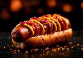 delicious hot dog topped with mustard and ketchup, garnished with crispy bits, perfect for summer barbecue or quick snack photo