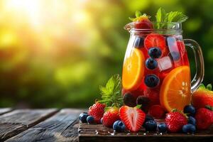 refreshing summer drink in elegant glass pitcher filled with vibrant fruits like strawberries, blueberries, and oranges, perfect for warm days photo