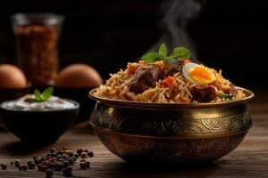 Delicious chicken biryani with eggs, served in traditional bowl, garnished with mint leaves. warm steam rises, creating inviting atmosphere for food lovers photo