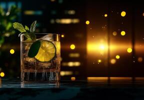 refreshing highball glass filled with ice, lime, and mint, set against glowing city backdrop. vibrant colors and soft bokeh create warm, inviting atmosphere photo