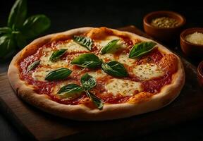 Fresh Italian pizza topped with mozzarella, tomato sauce, and basil leaves, served on wooden board with herbs in bowls. delicious and inviting meal photo
