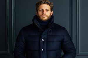 man in stylish navy puffer jacket stands confidently against dark wall. His expression is calm and composed, showcasing modern fashion and elegance photo