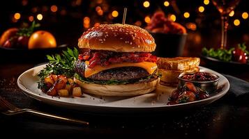 delicious hamburger with melted cheese, topped with fresh salsa, served on sesame seed bun. Accompanied by sides of grilled vegetables and sauces, creating delightful dining experience photo