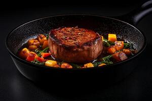 Juicy steak cooked to perfection in cast iron pan with vibrant vegetables, creating mouthwatering dish that showcases culinary artistry and flavor photo