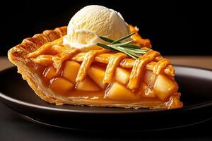 delicious apple pie slice topped with creamy ice cream and fresh rosemary, showcasing golden crust and juicy filling. Perfect for dessert lovers photo