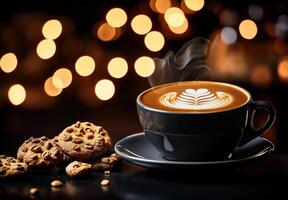 cup of cappuccino coffee with latte art, accompanied by cookies, creates warm and inviting atmosphere. soft bokeh lights in background enhance cozy feel photo