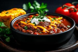 Delicious chili with cheddar cheese and sour cream, garnished with fresh herbs, served in black bowl alongside cornbread and fresh tomatoes photo