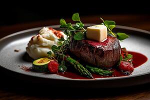 Masterfully captured high end food photography of gourmet steak dish featuring tender beef filet, creamy mashed potatoes, fresh vegetables, and vibrant garnishes photo