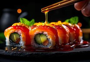 Sushi rolls with salmon, avocado, and cucumber drizzled with sauce, showcasing vibrant colors and textures. delicious and artistic presentation of Japanese cuisine photo