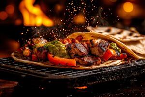 Sizzling fajitas with grilled chicken, peppers, and onions create mouthwatering scene, enhanced by warm glow of fire and spices in air photo