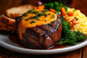 perfectly grilled filet mignon topped with melted cheddar cheese, served with steamed broccoli, mashed potatoes, and slices of bread. This dish is delightful combination of flavors and textures photo