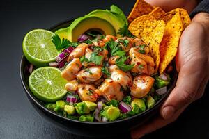 vibrant bowl of ceviche featuring white fish, red onion, lime, avocado, and tortilla chips, garnished with fresh cilantro. Perfect for refreshing meal photo