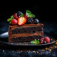 slice of rich chocolate cake topped with fresh berries and mint leaves, showcasing decadent dessert perfect for celebrations. dark background enhances its allure photo