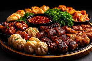 round platter filled with various Chinese dim sum dishes, including dumplings, buns, and meat, garnished with herbs and accompanied by dipping sauce photo