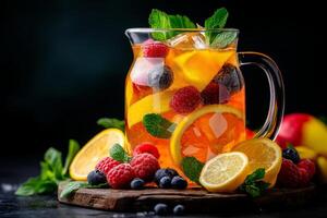 Refreshing pitcher of fruit juice with ice cubes, fresh berries, and citrus slices. Perfect for summer gatherings and celebrations photo