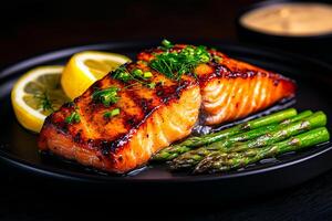 Perfectly seared salmon fillet served with lemon slices and asparagus, garnished with herbs. delicious and healthy meal option that looks appetizing and fresh photo
