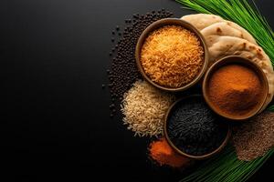 vibrant arrangement of spices, rice, and naan bread on dark background, showcasing culinary ingredients for flavorful dishes photo