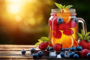 refreshing summer drink in glass pitcher filled with berries and citrus. vibrant colors and sunlight create cheerful atmosphere, perfect for warm days photo