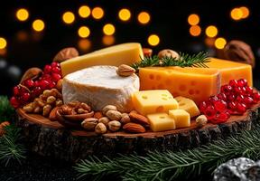 wooden platter displays assortment of cheeses, nuts, and fruits, creating festive and inviting atmosphere. warm bokeh lights enhance cozy feel of this delightful spread photo