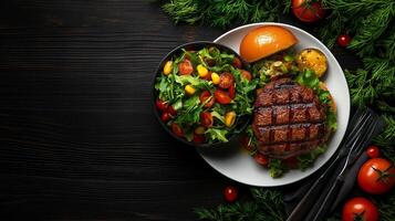 Delicious grilled burger served with fresh salad, tomatoes, and bun, creating vibrant and appetizing meal. Perfect for hearty lunch or dinner photo
