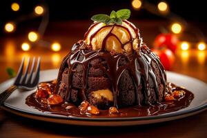 Decadent chocolate lava cake topped with vanilla ice cream and drizzled with rich chocolate sauce, garnished with mint leaves, perfect for dessert lovers photo