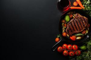 Delicious medium rare steak served in skillet with fresh vegetables, tomatoes, and herbs, creating vibrant and appetizing meal photo