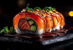 Sushi rolls with salmon, avocado, and cucumber on black plate, garnished with green onions and sesame seeds, create vibrant and appetizing presentation photo