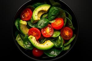 vibrant salad featuring fresh spinach, ripe tomatoes, and creamy avocado, garnished with spices for delightful taste. Perfect for healthy meal or snack photo