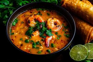 Delicious Tom Yum soup with shrimp, lime leaves, and fresh herbs, served with crispy rolls and lime wedges, creating vibrant and flavorful dish photo