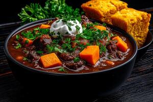 Hearty chili with cheddar cheese, sour cream, and sweet potato, garnished with fresh parsley, served with cornbread. comforting and flavorful dish perfect for any occasion photo