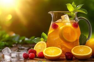 Refreshing summer cocktail with lemon, orange, and berries, served in glass pitcher. Perfect for warm days, garnished with mint leaves and ice cubes photo