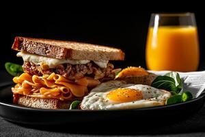 Delicious sandwich with pasta, eggs, and orange juice on black background photo