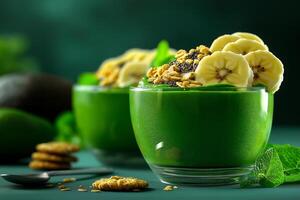 vibrant and fresh photo of green smoothie bowl topped with banana slices, granola, and mint leaves, evoking healthy and refreshing vibe