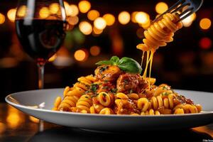 Delicious pasta with chicken Bolognese sauce, garnished with fresh basil, served with glass of red wine in warm, inviting atmosphere photo