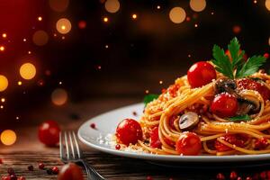 Delicious spaghetti with vegetables, cherry tomatoes, and mushrooms, garnished with fresh parsley, served on white plate. warm ambiance enhances appetizing look photo