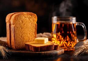 Freshly sliced homemade bread with butter and cup of steaming tea create cozy atmosphere. Perfect for breakfast or snack, this delightful combination brings warmth and comfort photo